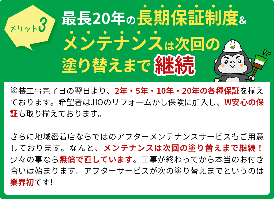 最長20年の長期保証制度&最低でも一年に1度のメンテナンス