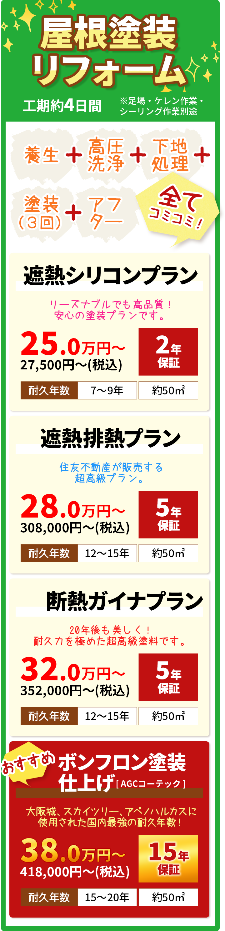 屋根塗装リフォーム 工期約4日間※足場・ケレン作業・シーリング作業別途 プラン一覧